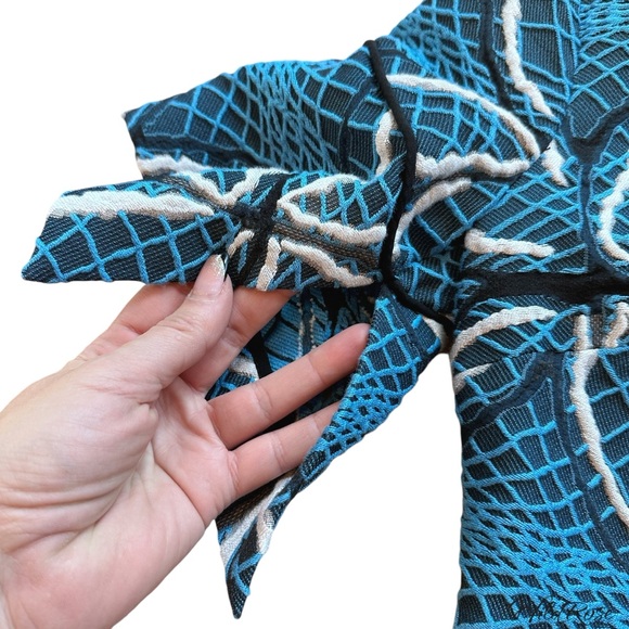 ROLAND MOURET “BANCROFT” BLUE GEOMETRIC PRINT EMBROIDERED MIDI PENCIL DRESS SZ 6 - Picture 6 of 15